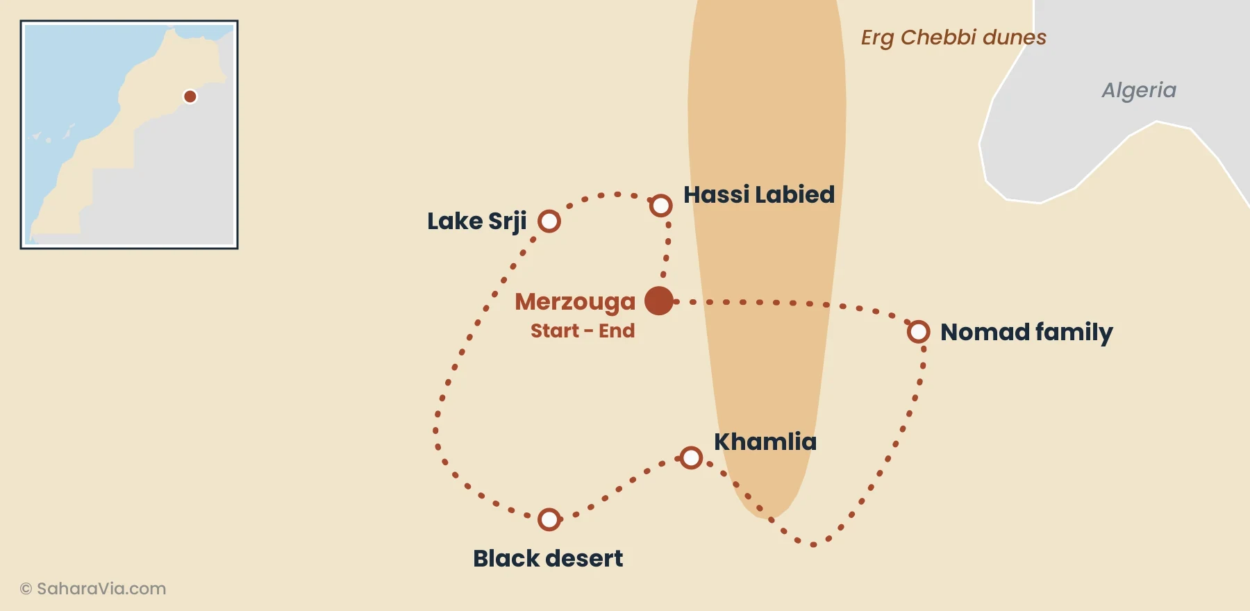 1 Day Motorcycle Desert Tour in Merzouga Route map