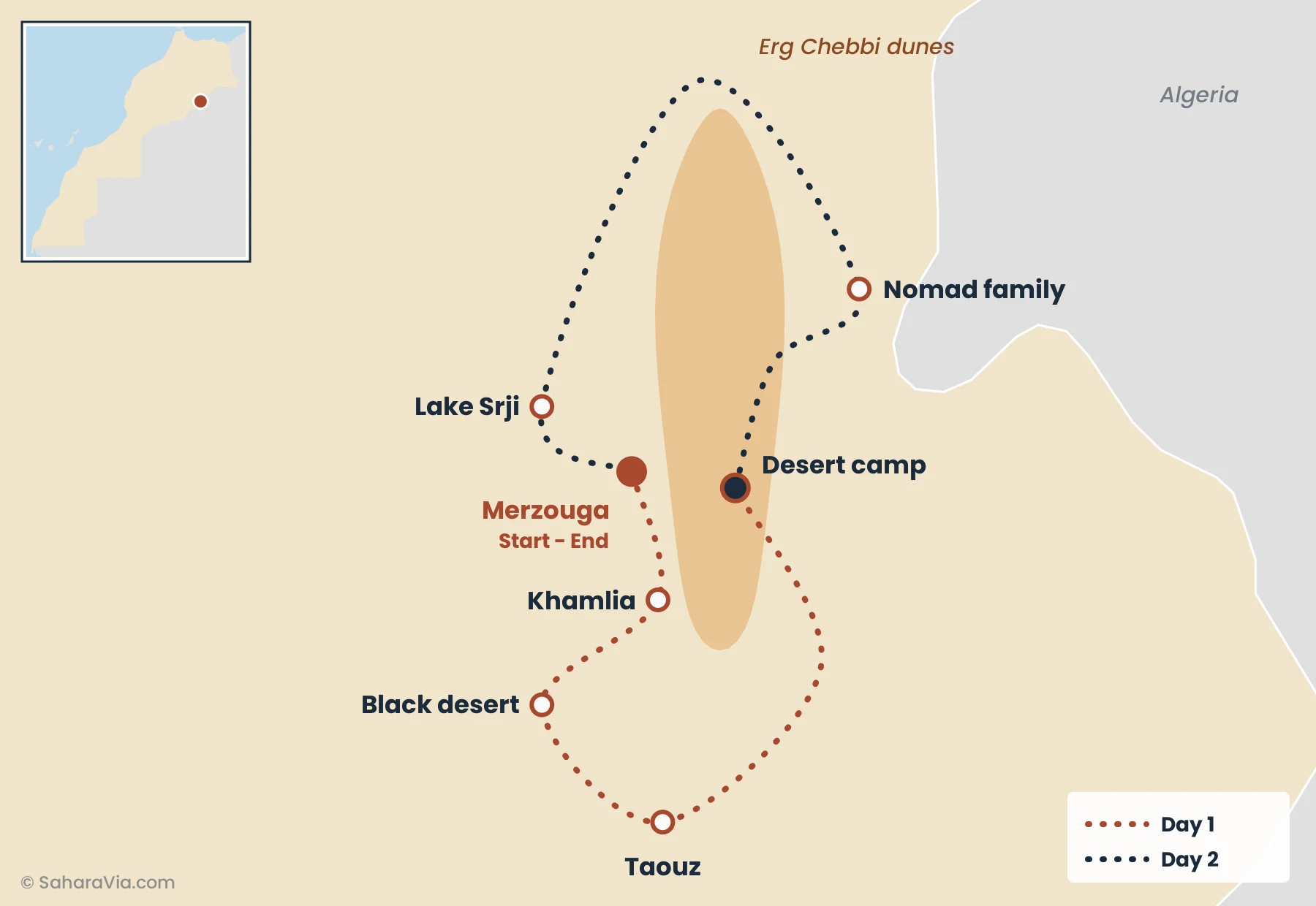 2 Days Motorcycle Desert Tour from Merzouga Route map