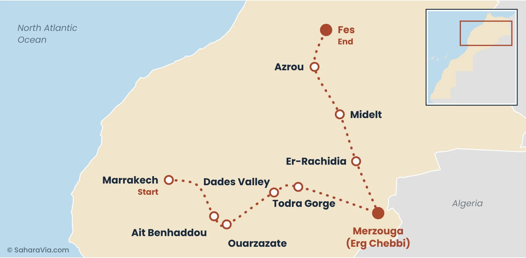 4 Days Tour from Marrakech to Fes Route map